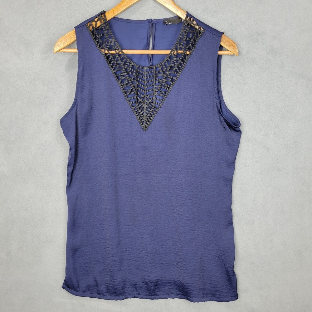 Noir Tank Top Women's Medium Blue Lace‎ V-Neck Keyhole Back Sleeveless Pullover